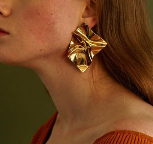 Abstract Wrinkled Golden Foil Statement Drop Earrings - Simply Basy